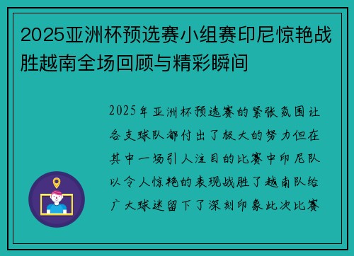 2025亚洲杯预选赛小组赛印尼惊艳战胜越南全场回顾与精彩瞬间 2025亚洲杯预选赛小组赛印尼惊艳战胜越南全场回顾与精彩瞬间