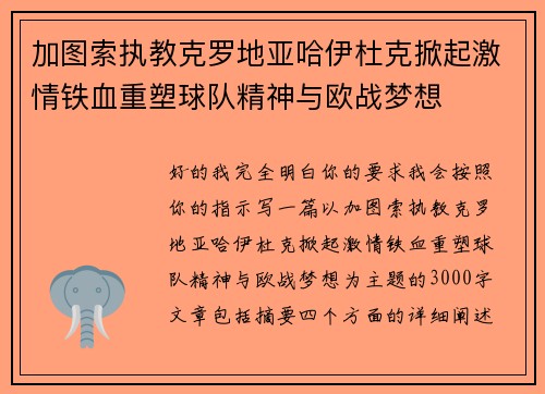 加图索执教克罗地亚哈伊杜克掀起激情铁血重塑球队精神与欧战梦想 加图索执教克罗地亚哈伊杜克掀起激情铁血重塑球队精神与欧战梦想