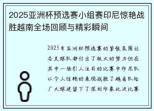 2025亚洲杯预选赛小组赛印尼惊艳战胜越南全场回顾与精彩瞬间 2025亚洲杯预选赛小组赛印尼惊艳战胜越南全场回顾与精彩瞬间